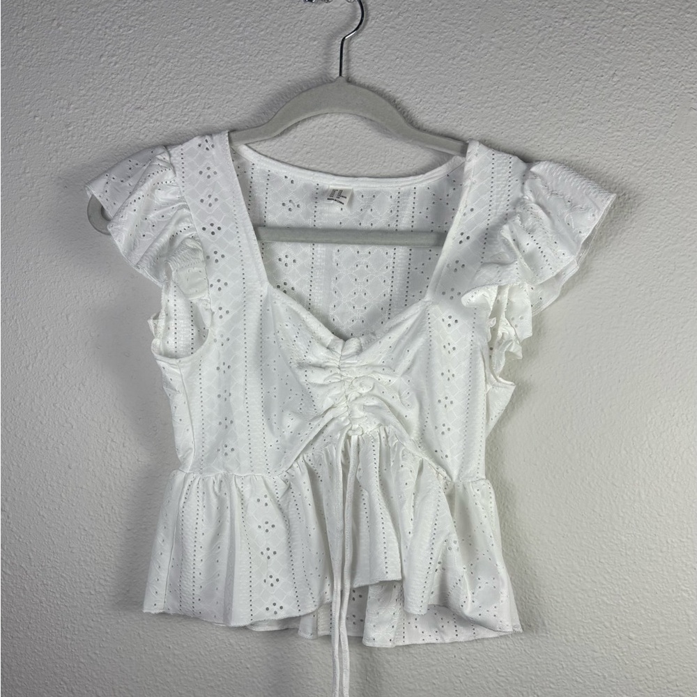 White Eyelet Lace-Up Women Top